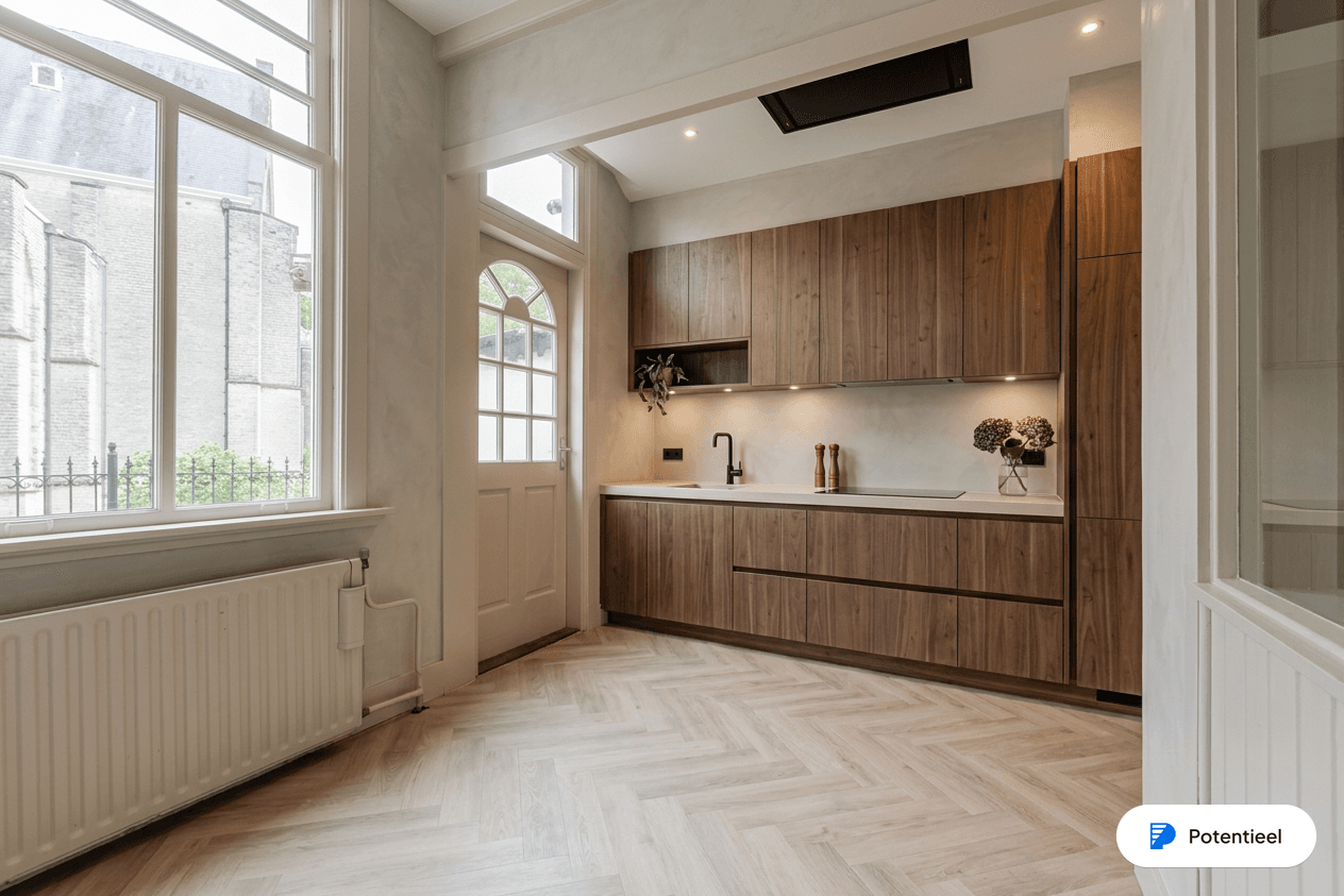 Keuken, gerestyled met PandPotentie, met AI-label linksonder